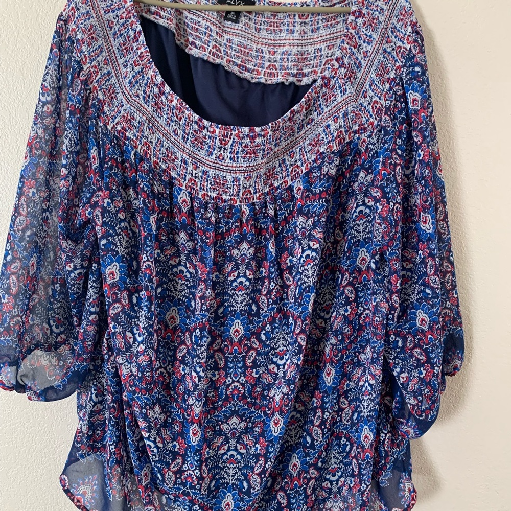 Off the shoulder top, sheer overlay, lined.